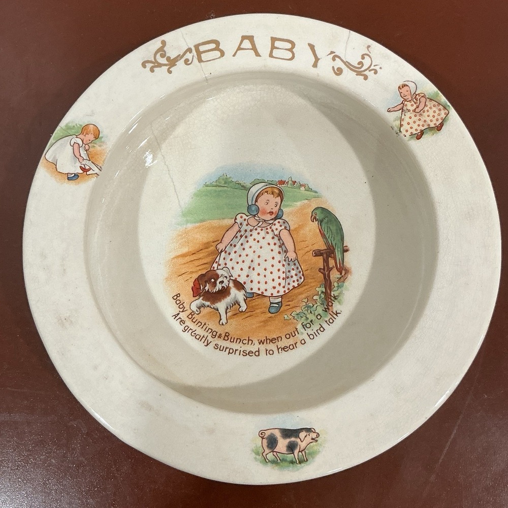 Antique Embossed Baby‎ Child's Plate w/ Baby Bunting Gold trim Early 1900's